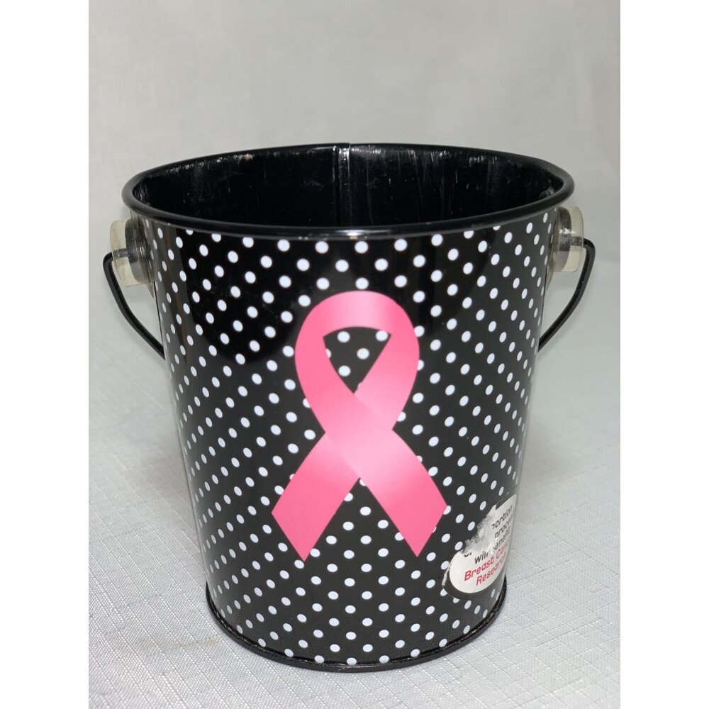 Breast Cancer Small Black & White Polka Dot Metal Pail With Pink Ribbon Design